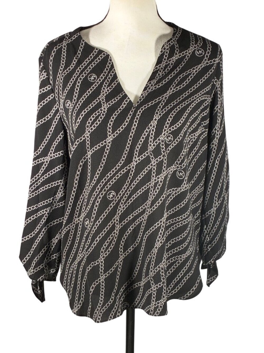Michael Kors Black & Silver Chain Print V-Neck Blouse With Tie Sleeves Size M bu